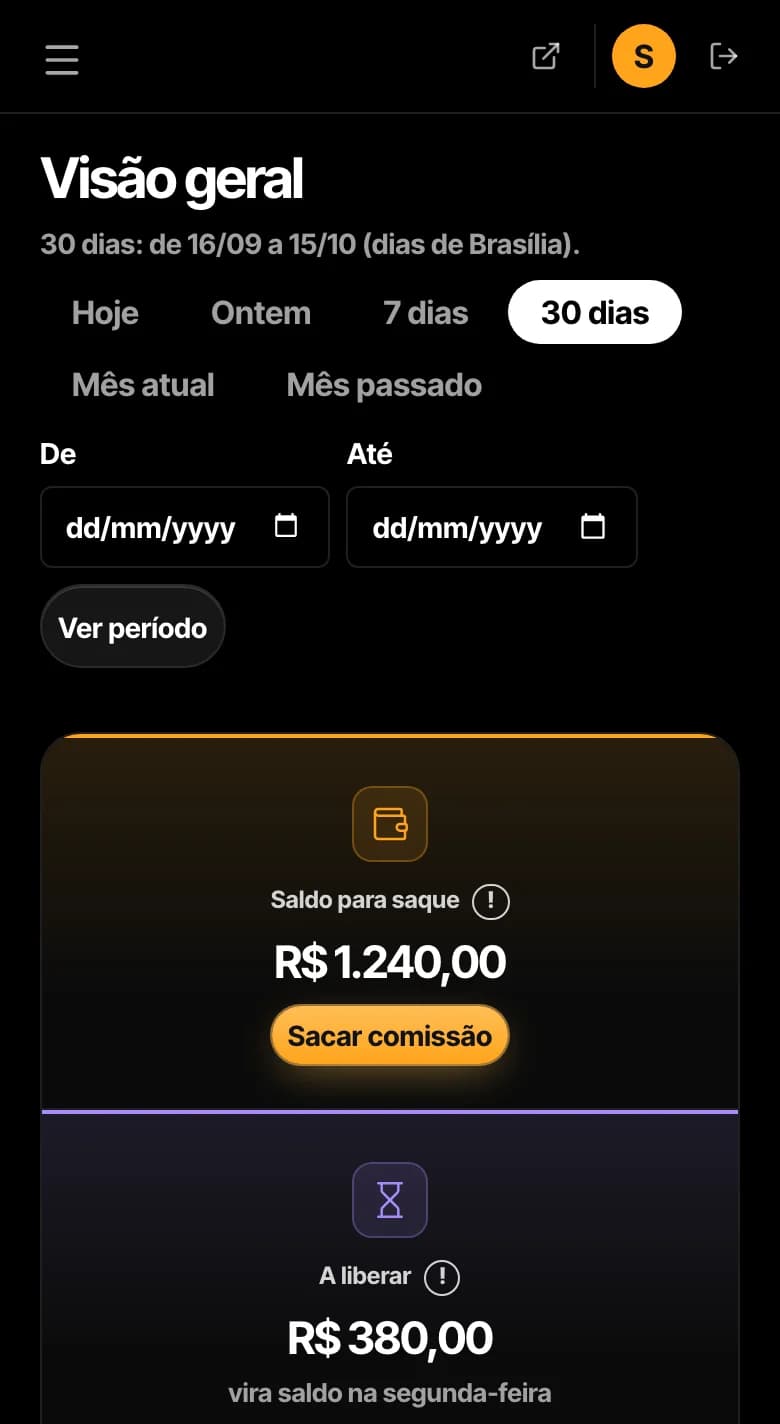 O painel do parceiro no celular: saldo para saque, a liberar e comissão do período